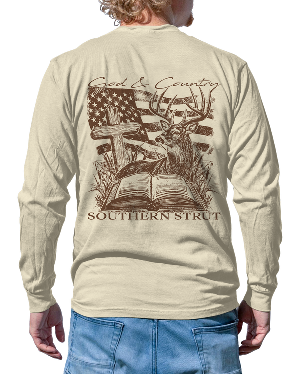 Red, White & Buck Long Sleeve in Ivory, God & Country back print of a whitetail buck, wooden cross and open Bible under an American flag