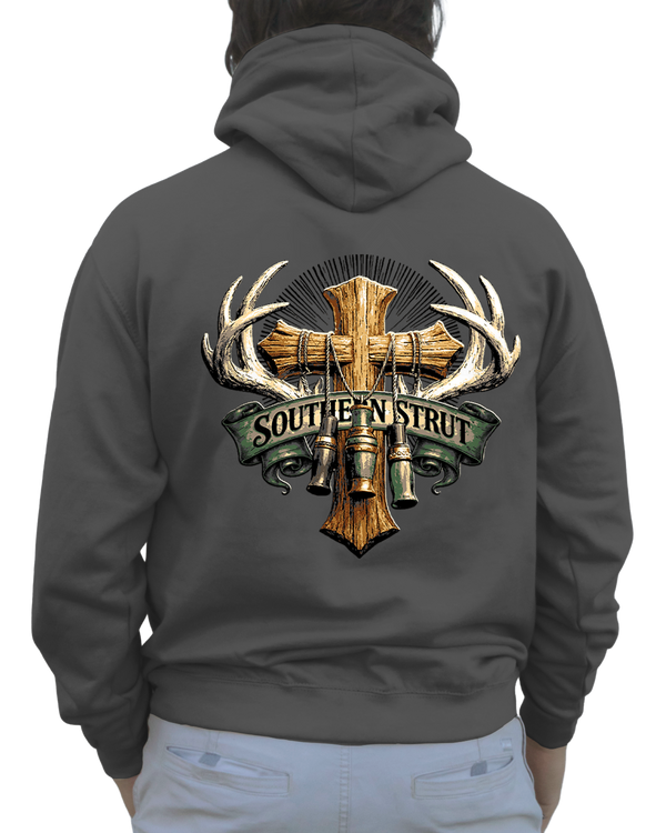 Holy Hunting Hoodie in Charcoal, back print of a wooden cross framed by whitetail antlers and game calls