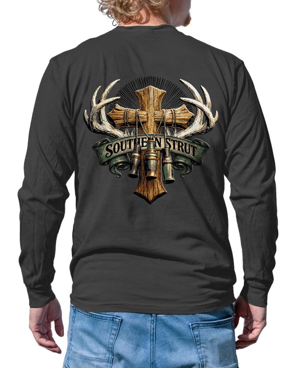 Holy Hunting Long Sleeve in Pepper, back print of a wooden cross framed by whitetail antlers