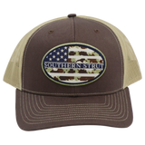 Camo American flag oval patch trucker hat — Southern Strut