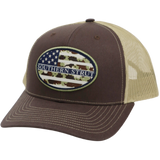 Camo American flag oval patch trucker hat — Southern Strut