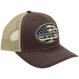 Camo American flag oval patch trucker hat — Southern Strut