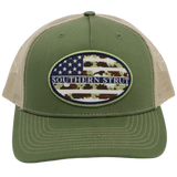 Camo American flag oval patch trucker hat — Southern Strut
