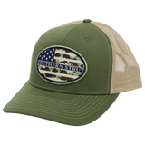Camo American flag oval patch trucker hat — Southern Strut