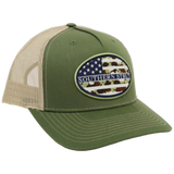 Camo American flag oval patch trucker hat — Southern Strut