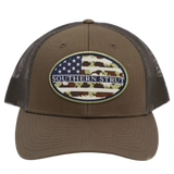 Camo American flag oval patch trucker hat — Southern Strut