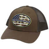 Camo American flag oval patch trucker hat — Southern Strut
