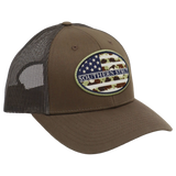 Camo American flag oval patch trucker hat — Southern Strut