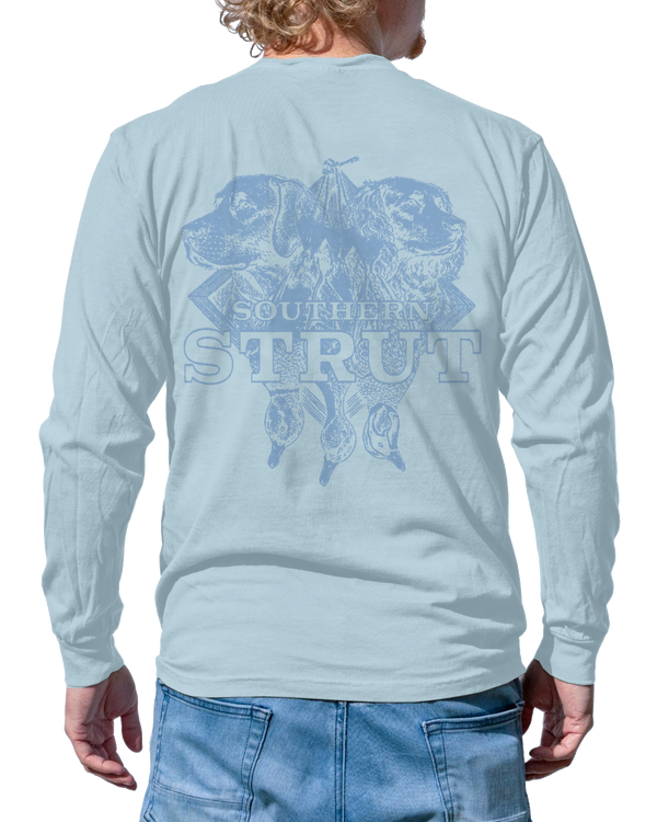 Lowcountry Retrievers Long Sleeve in Chambray, tone-on-tone back print of two retrievers over a strap of ducks in a diamond frame