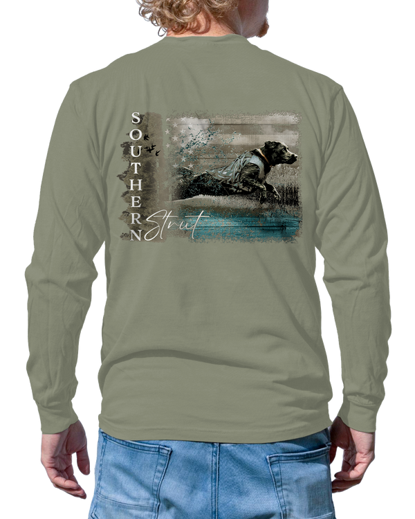 Leaping Lab Long Sleeve in Sandstone, back print of a black Lab leaping into the marsh under an American flag