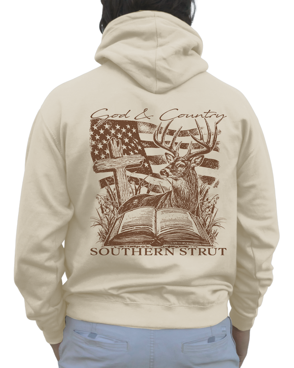 Red, White & Buck Hoodie in Ivory, back print of a whitetail buck, open Bible, cross and American flag