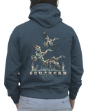 Duck Camo Trio Hoodie in Airforce Blue, back print of three camo mallards flushing from marsh grass