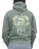 Lowcountry Retrievers Hoodie in Dusty Green, etching-style back print of two Labs with a limit of mallards