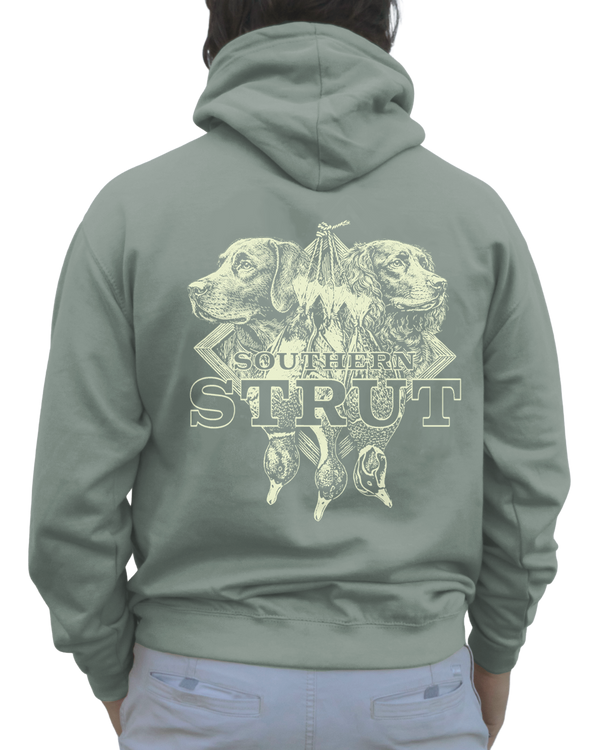 Lowcountry Retrievers Hoodie in Dusty Green, etching-style back print of two Labs with a limit of mallards
