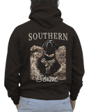 Midnight Blind Hoodie in Hot Chocolate, back print of a black Lab in a camo vest in a duck blind