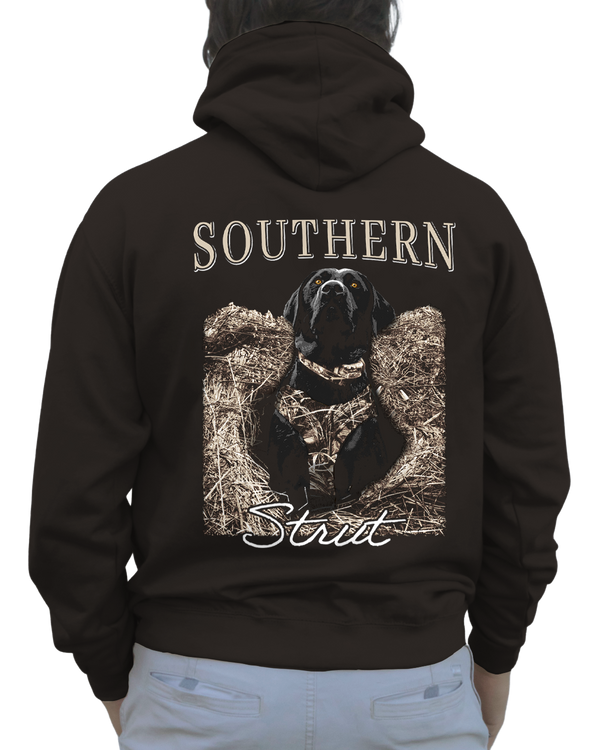 Midnight Blind Hoodie in Hot Chocolate, back print of a black Lab in a camo vest in a duck blind
