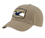 A driftwood Southern Strut original hat with a hexagon patch with a top and bottom brown strip and a white one separating it. At the top "Southern Sturt," underneath that a silhouette of a duck. 
