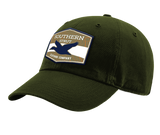 A forest Southern Strut original hat with a hexagon patch with a top and bottom brown strip and a white one separating it. At the top "Southern Sturt," underneath that a silhouette of a duck. 