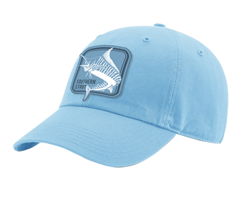 A columbia blue Southern Strut original hat it has a square marlin embroidered patch.